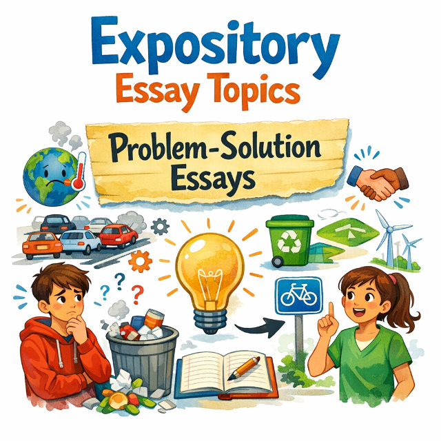 Expository essay topics organized into six categories: compare-contrast, cause-effect, process, definition, problem-solution, classification