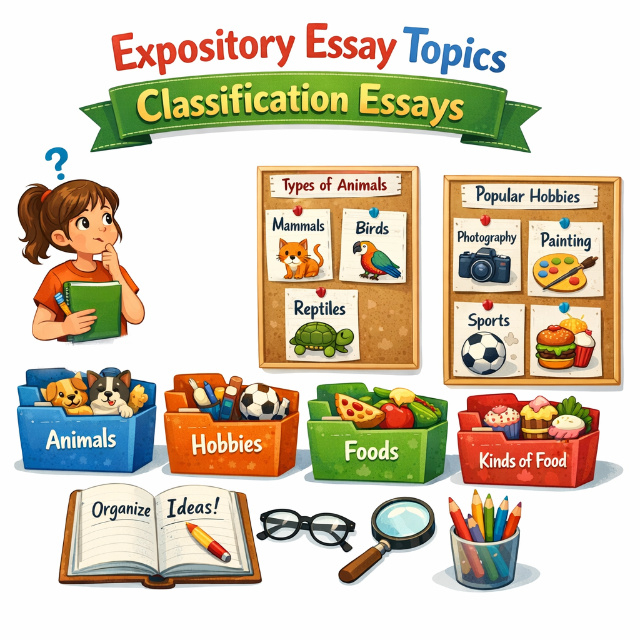 Expository essay topics organized into six categories: compare-contrast, cause-effect, process, definition, problem-solution, classification