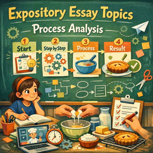 Expository essay topics organized into six categories: compare-contrast, cause-effect, process, definition, problem-solution, classification