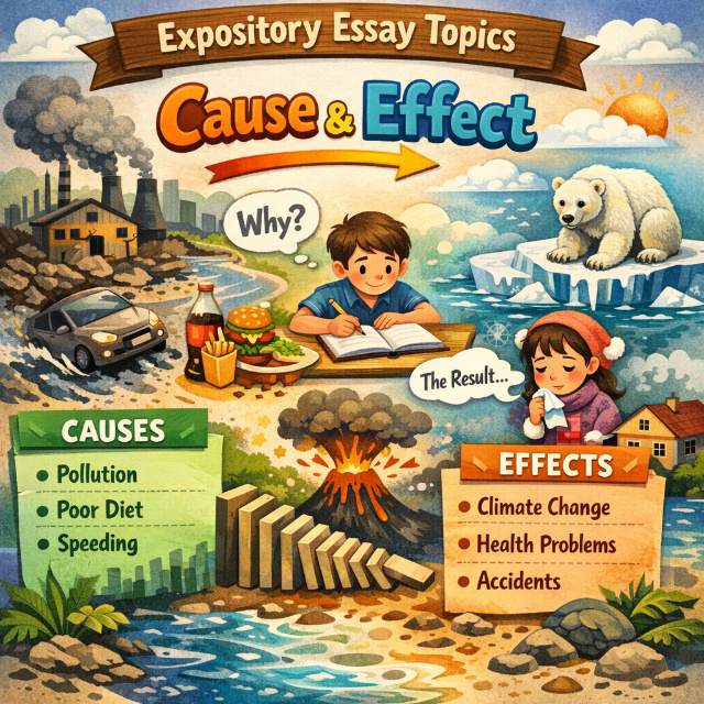 Expository essay topics organized into six categories: compare-contrast, cause-effect, process, definition, problem-solution, classification