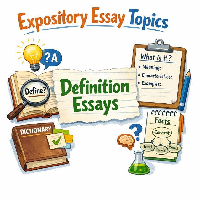 Expository essay topics organized into six categories: compare-contrast, cause-effect, process, definition, problem-solution, classification
