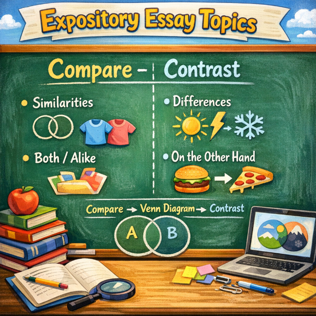 Expository essay topics organized into six categories: compare-contrast, cause-effect, process, definition, problem-solution, classification