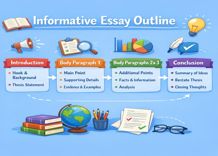 A structured outline showing the key sections of an informative essay: Introduction, Body Paragraphs, Conclusion, and Writing Tips.