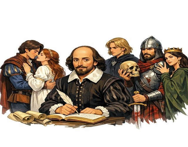 Shakespeare picture with his novels cover page characters