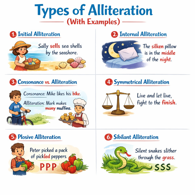types of Alliteration with examples