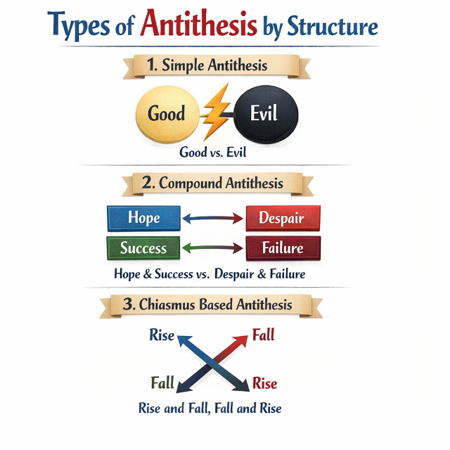 Types of antithesis including simple antithesis, compound antithesis, and chiasmus based antithesis