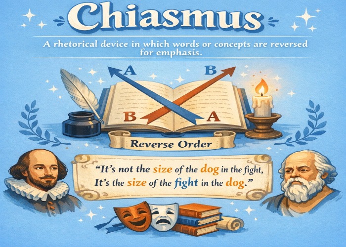Comprehensive chiasmus literary device guide  for students to master the art of reversed-word emphasis, from the classic A,B,C,D to D,C,B,A structure to timeless examples