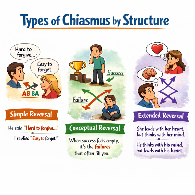 types of chiasmus by structure including simple reversal, conceptual reversal, and extended reversal