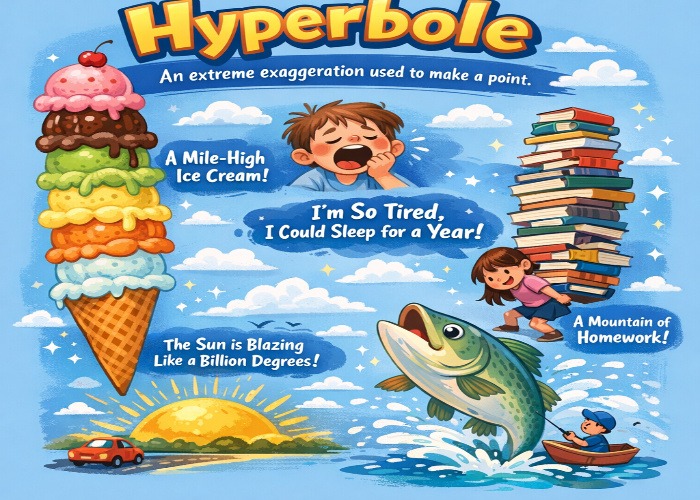 comprehensive hyperbole guide with step by step writing process including hyperbole examples for students