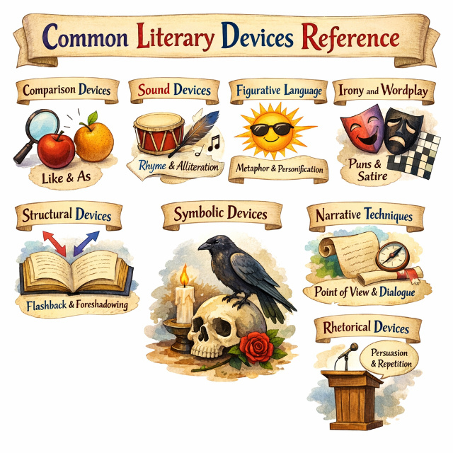 common literary devices references such as comparsion devices, sound devices, structural devices and other for understanding of students